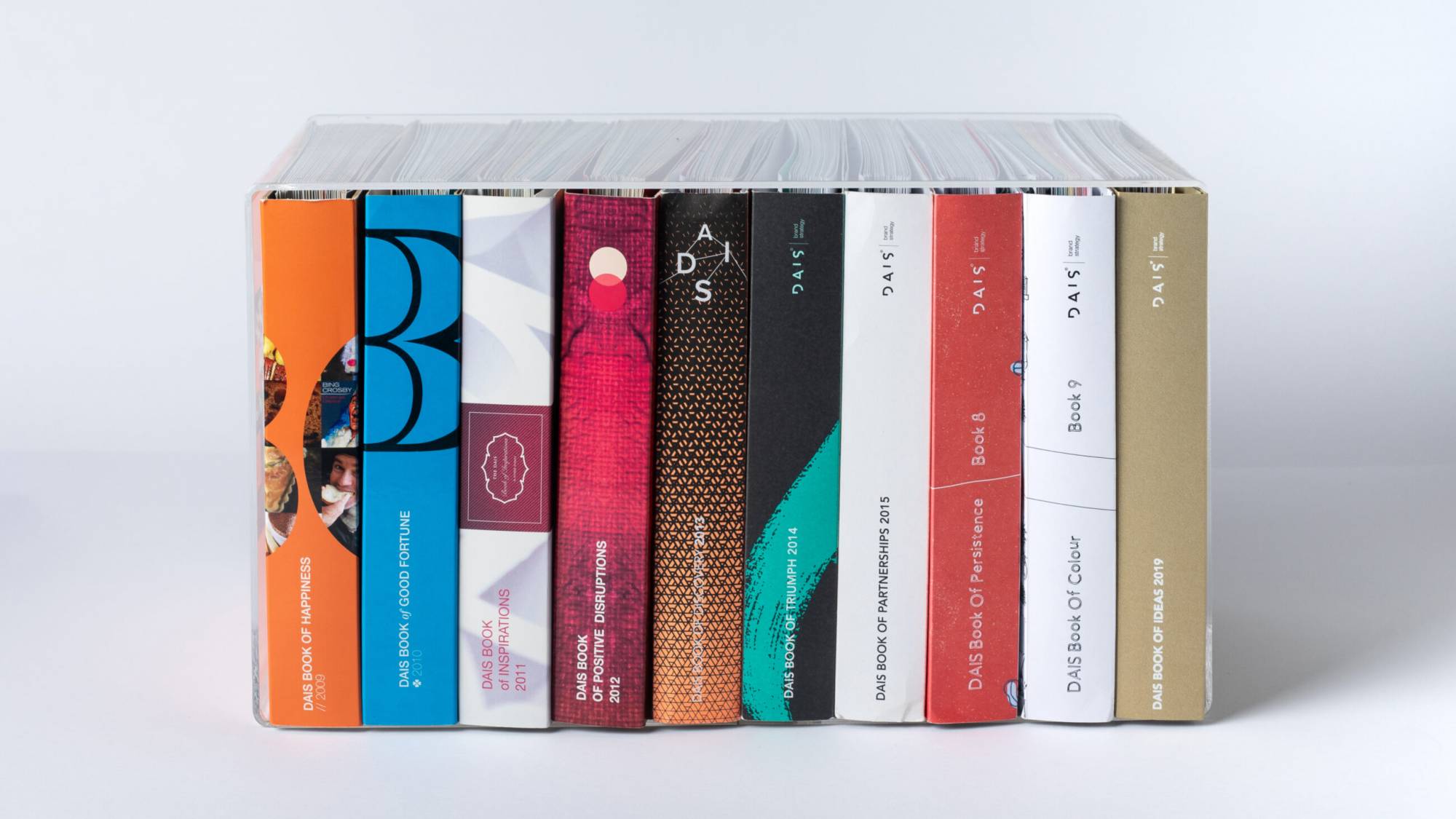 DAIS - Ten Year Project (2010 - 2019) Photo of 10 book spines standing up next to one another