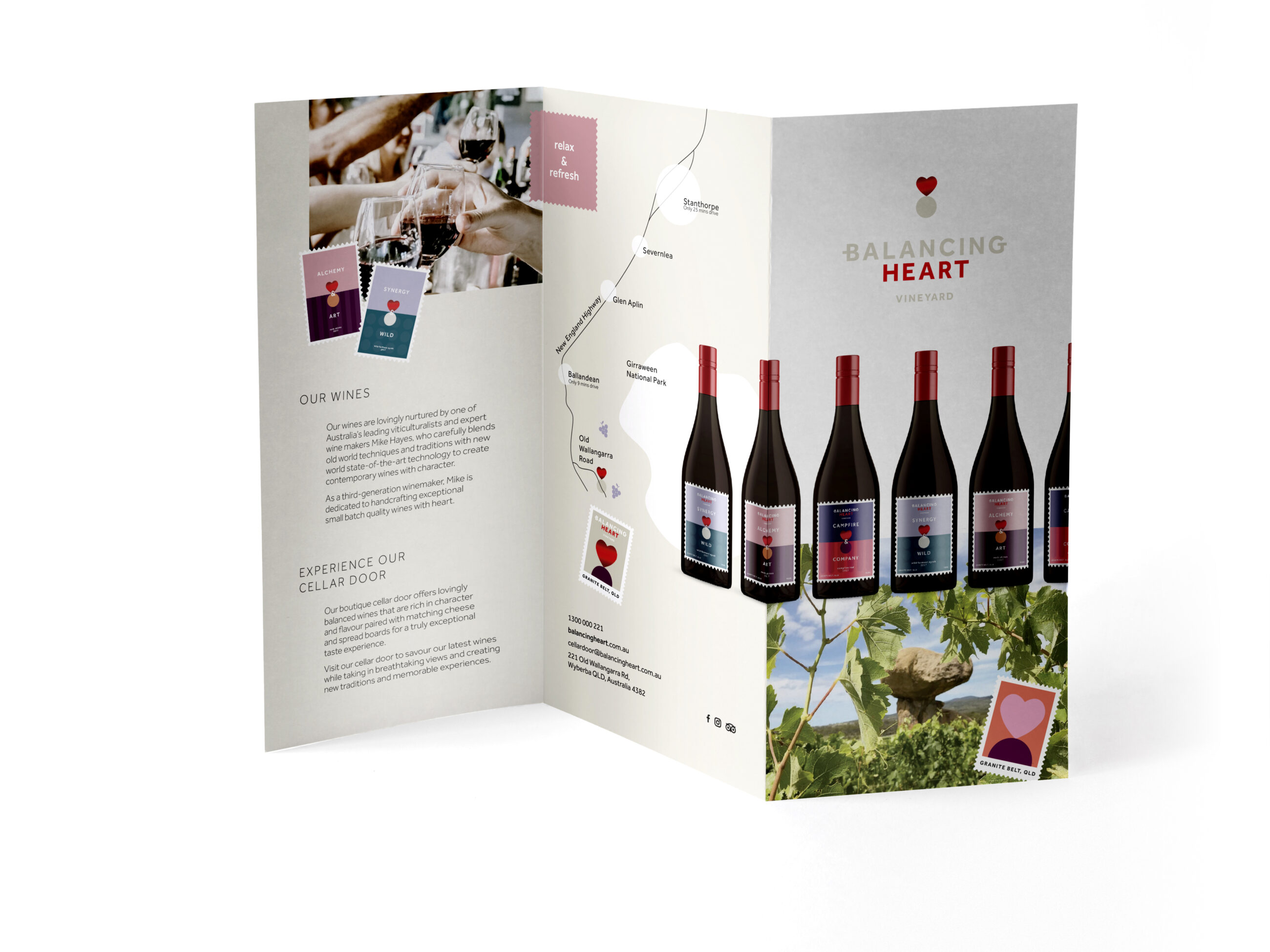 Balancing Heart wine brochure, branding collateral design Brisbane