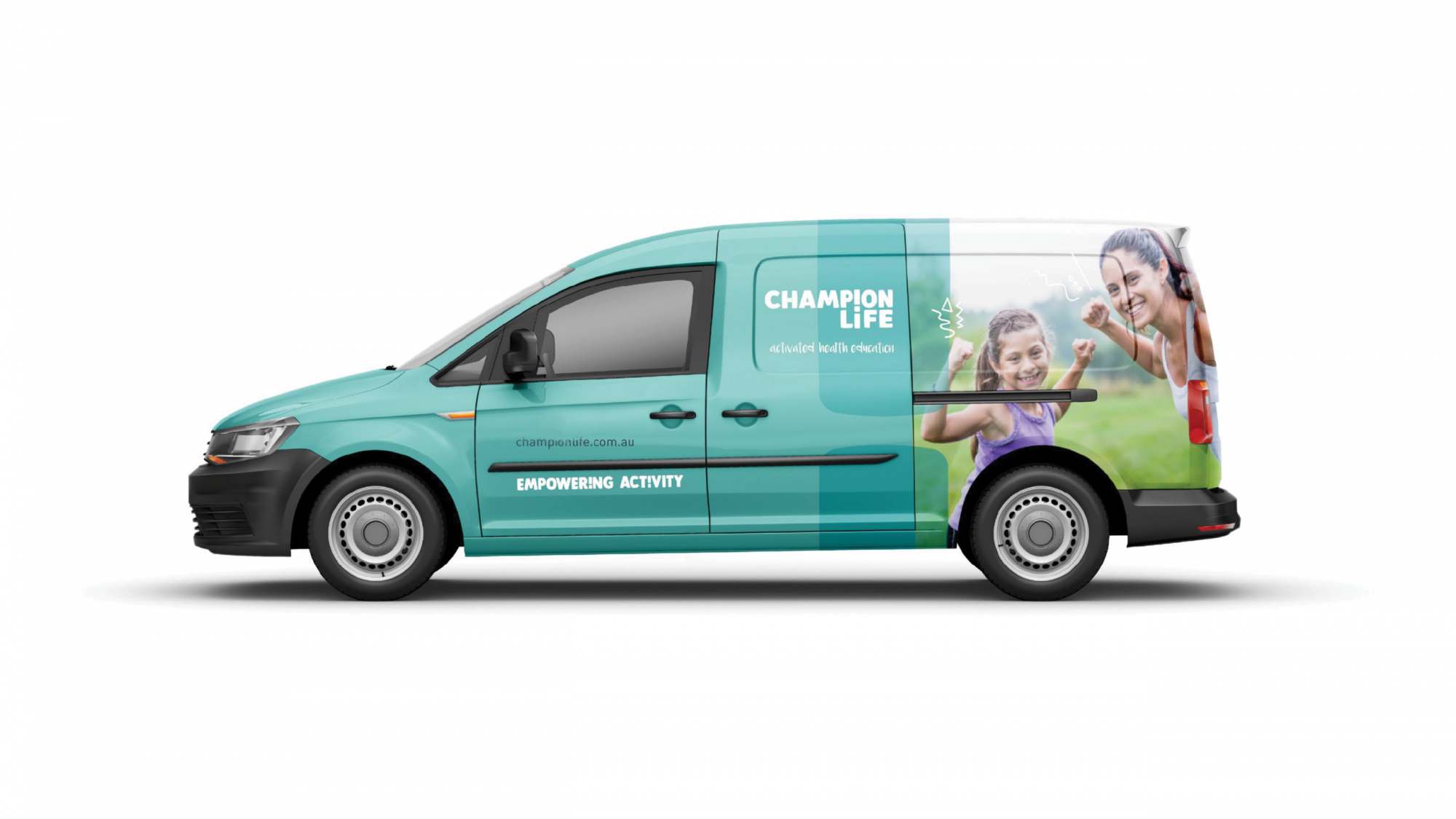 Champion Life vehicle wrap mock up in rebranding design