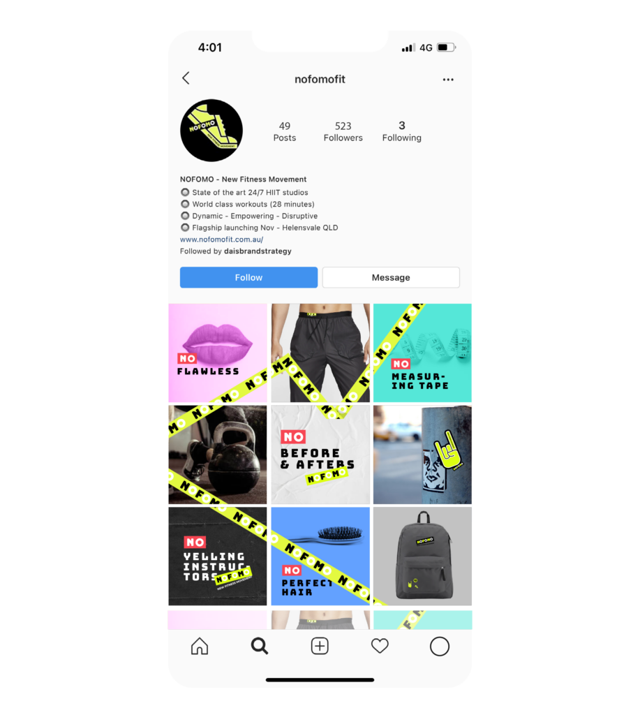 Screenshot of NOFOMO Instagram profile page- unique brand identity
