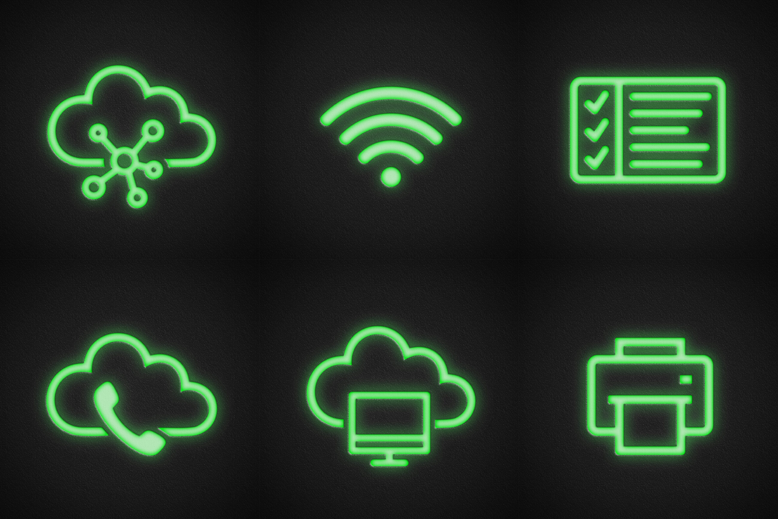Six bright green network thumbnails on black background