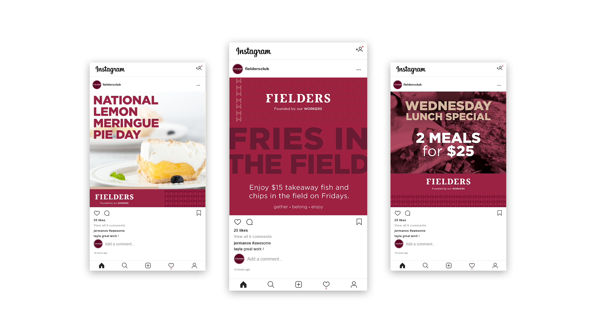 Three screenshots of Fielders Instagram posts