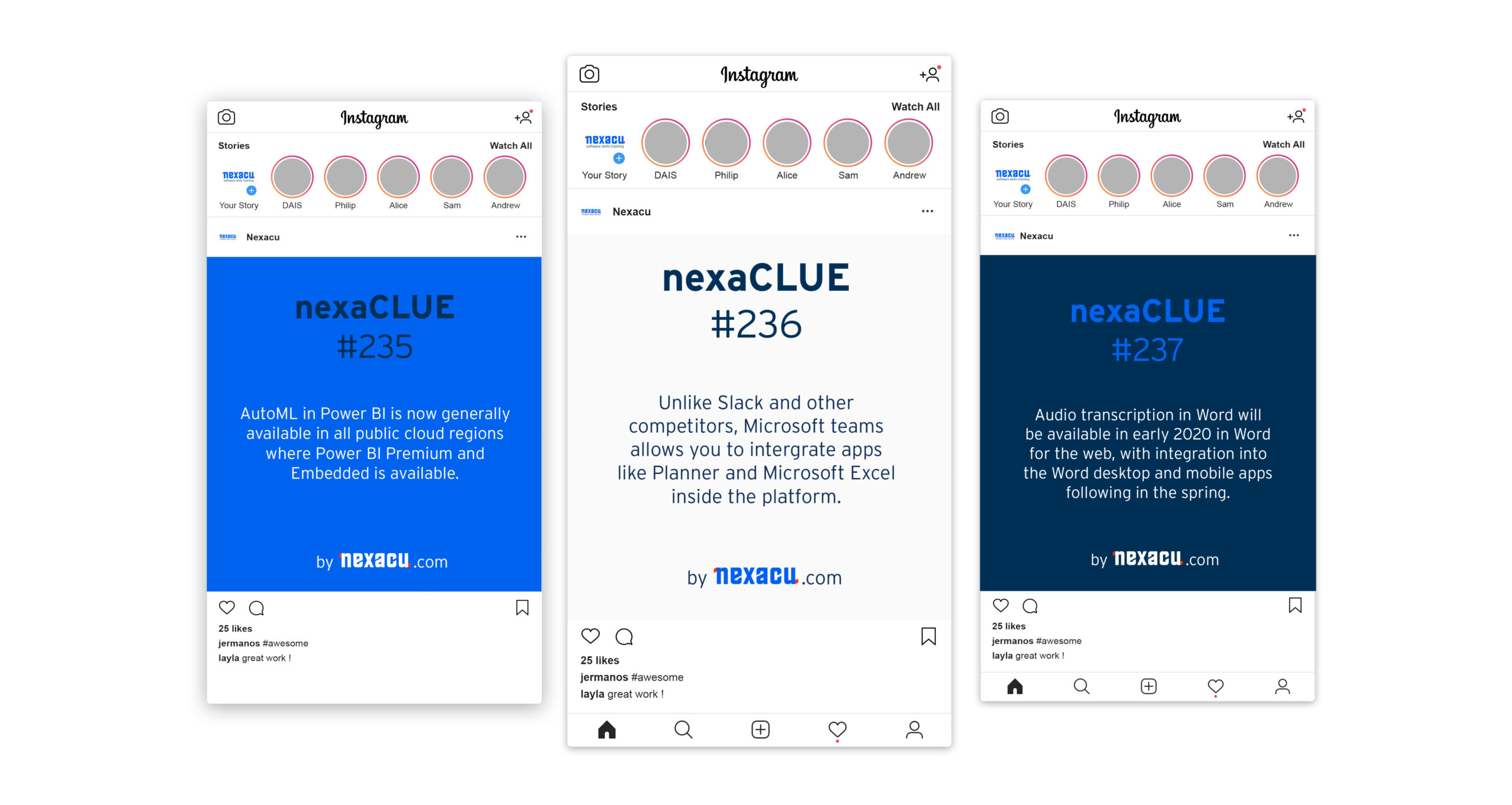 Three Instagram screenshots of Nexacu posts