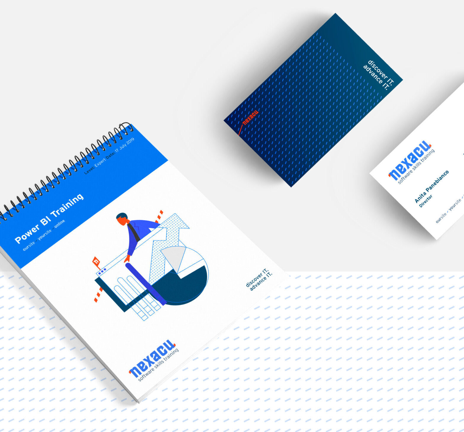 Nexacu branded notepad and business cards on a split background