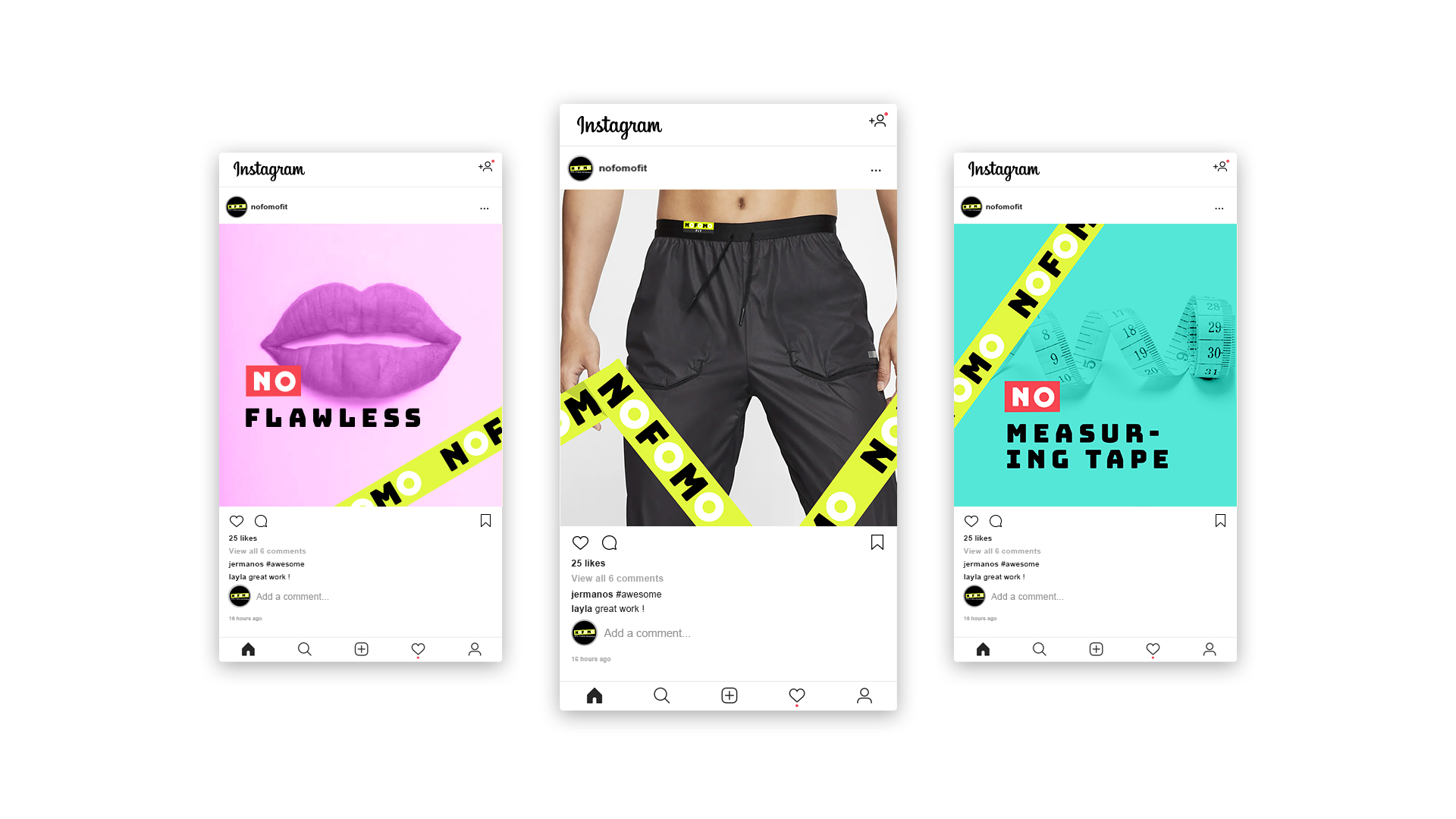 Three screenshots of NOFOMO Instagram posts- unique brand identity