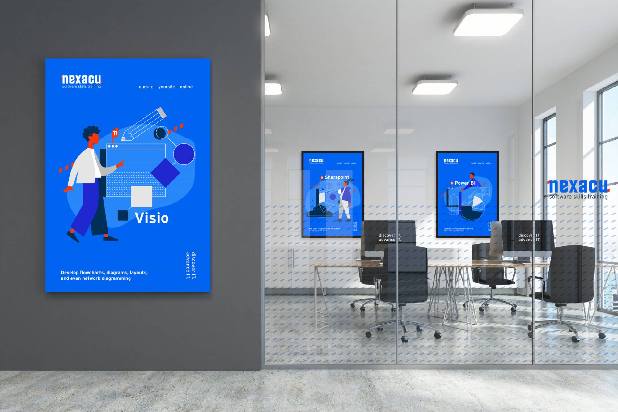 Inside of office with blue Nexacu images on walls