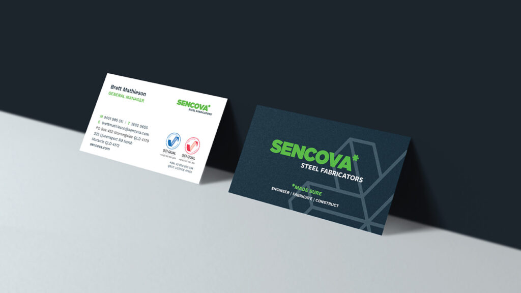 Sencova business cards designed with new brand identity