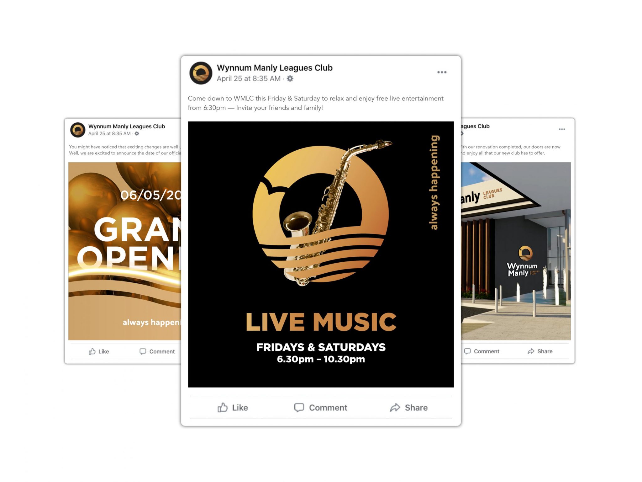 Social media posts designed for launch and promotion of social and community club