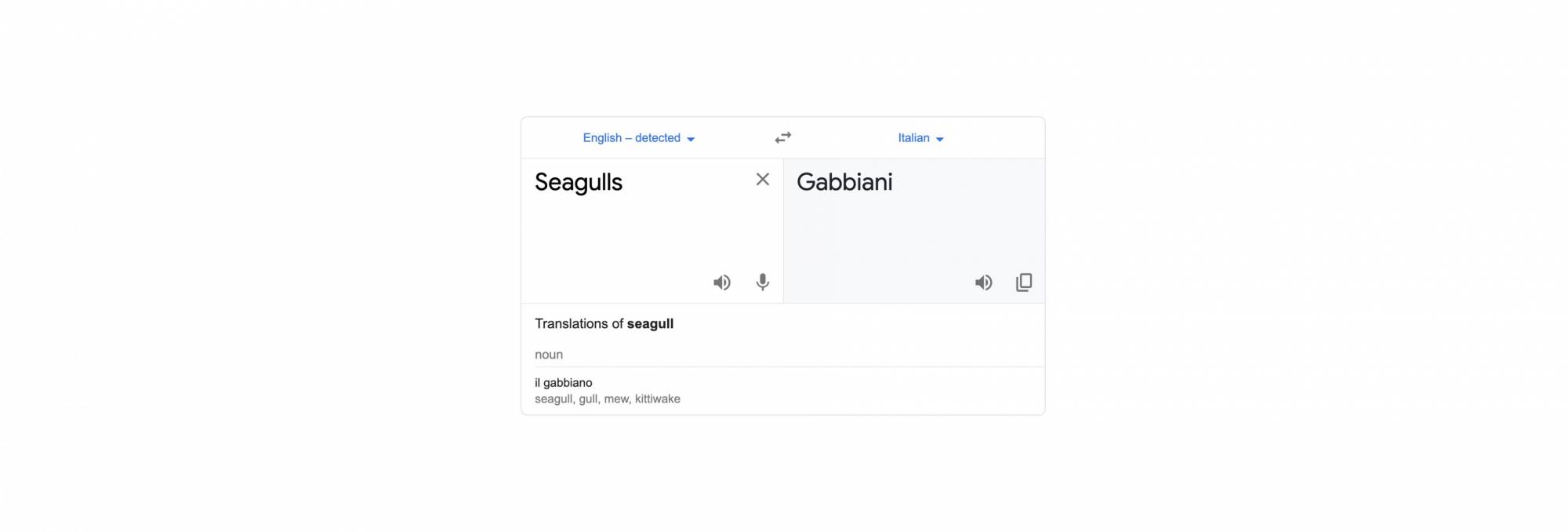 Google translate screenshot to explain the brand name strategy of using the Italian word for Seagulls